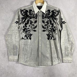 Roar Button Down Shirt Mens Medium Geometric Beaded White Long Sleeve Collared